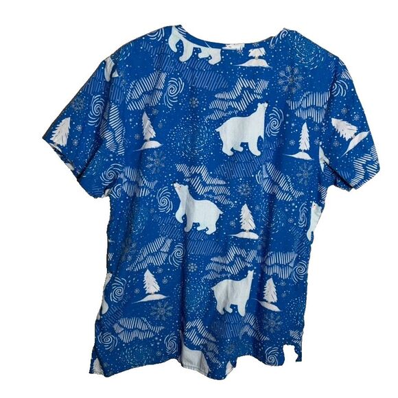 Zoe + Chloe Scrub Top Women's Large Blue Short Sleeve Winter Polar Bear Holiday - Picture 2 of 8